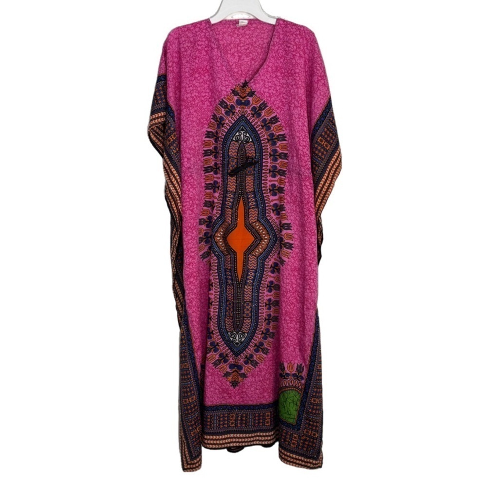 African Print Kaftan Cover up Dress With Drawstring, Pink Orange Black size S/M